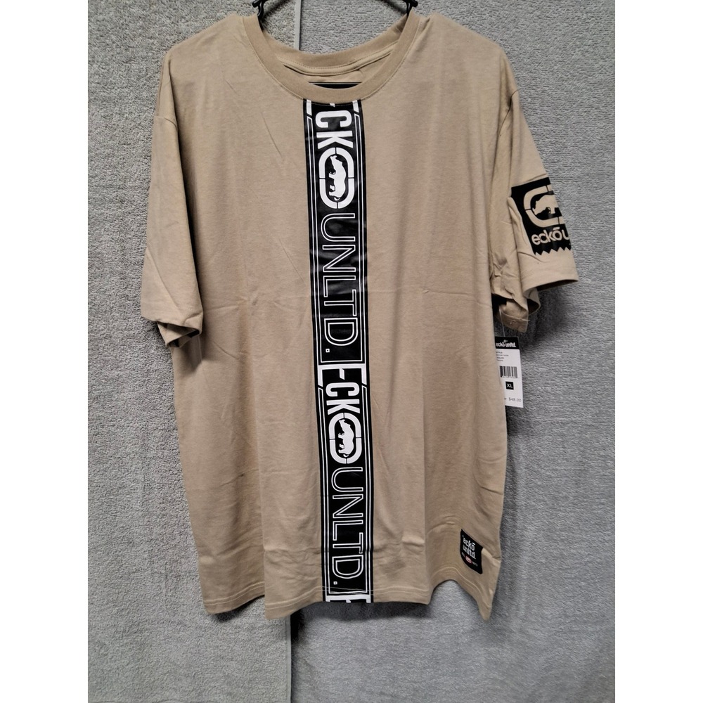 Ecko Unltd Mens XL Tan Khaki Graphic T-Shirt Vertical Logo Stripe Rhino New(b4)